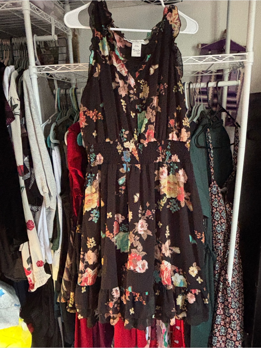 American Rag Black Floral Midi Dress with Pink, Yellow & Green Accents